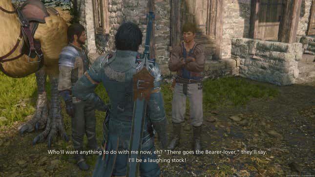 An NPC in a side quest says "Who'll want anything to do with me now, eh? "There goes the Bearer-lover," they'll say. I'll be a laughing stock!"