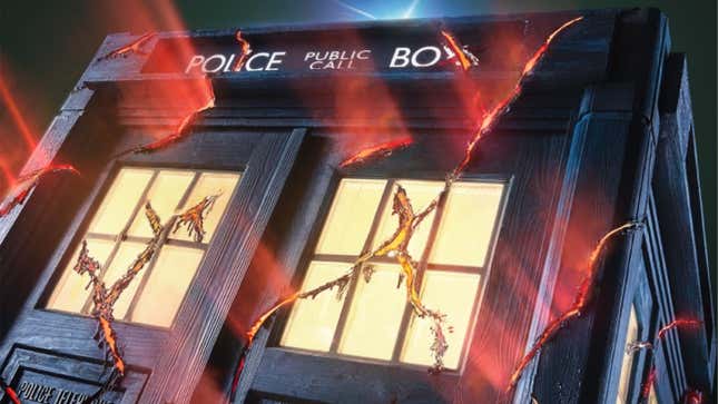Red light streams through the cracks of the Doctor's damaged, police box-shaped TARDIS.