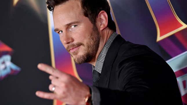 Chris Pratt gestures toward the camera in an event for Marvel's Thor.