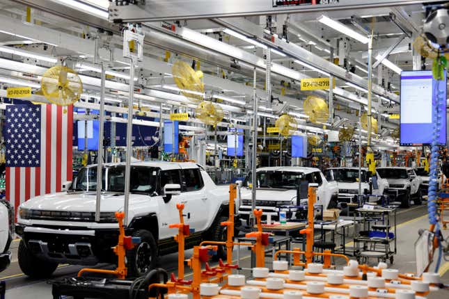 Hummer EVs at a General Motors factory in Detroit, Michigan, US.