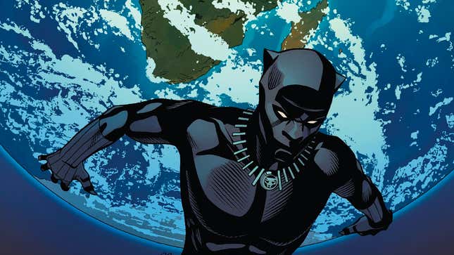 Marvel comic art of T’Challa carrying the world on his back on the cover of Black Panther #18.