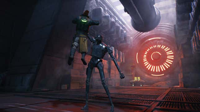Cal Kestis is held in the air and choked by a menacing droid.