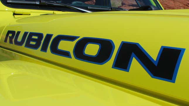 A photo of the Rubicon badge on a Jeep Wrangler 4XE.