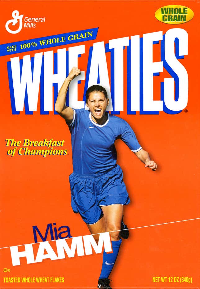 Mia Hamm on the Wheaties box.