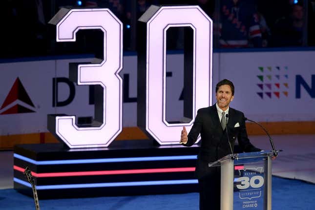 Jan 28, 2022; New York, New York, USA; New York Rangers former goalie Henrik Lundqvist speaks to the crowd during a ceremony to retire his number before a game against the Minnesota Wild at Madison Square Garden.