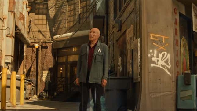Jean-Luc Picard, in casual clothes, beams down to 2024 Los Angeles.