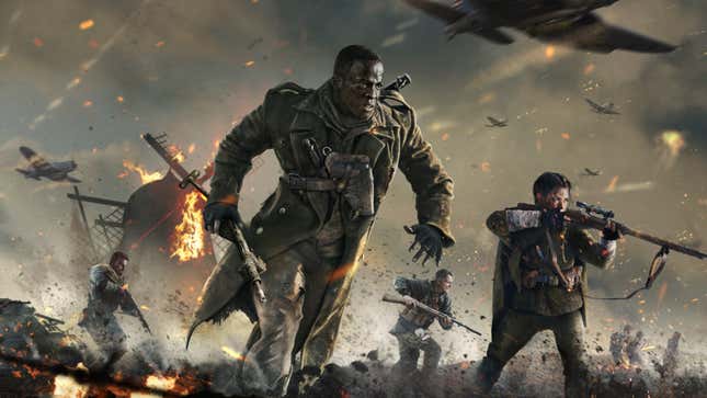 WWII soldiers from Call of Duty: Vanguard charging into battle. 