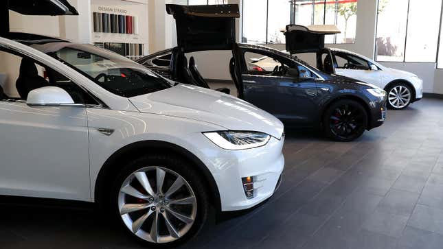  Three Tesla Model X’s are displayed inside of the Tesla flagship facility on August 10, 2016 in San Francisco, California. 