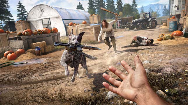Boomer, the best dog ever, bringing the player a gun in Far Cry 5. 
