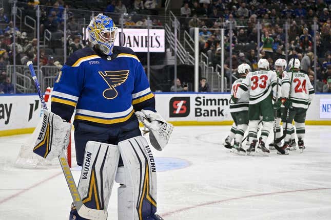 Mar 15, 2023; St. Louis, Missouri, USA;  St. Louis Blues goaltender Thomas Greiss (1) looks on after giving up a goal to Minnesota Wild right wing Ryan Reaves (75) during the third period at Enterprise Center.