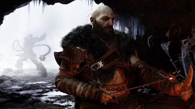 An image of Kratos from God of War Ragnarök with Simon Belmont's silhouette creeping in the background.