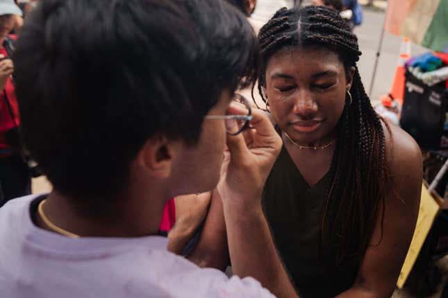 WASHINGTON, DC - JUNE 29: Kashish Bastola, a rising sophomore at Harvard University, is comforted by Nahla Owens, also a Harvard University student, outside of the Supreme Court of the United States on Thursday, June 29, 2023 in Washington, DC. 