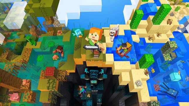 A promo image for Minecraft shows creatures, monsters and humans together. 