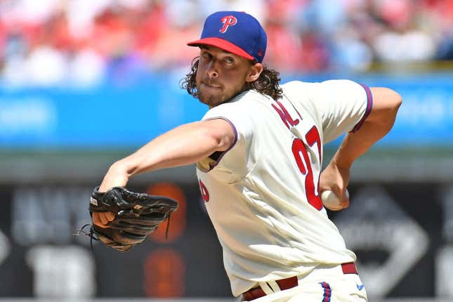 Aug 27, 2023; Philadelphia, Pennsylvania, USA; Philadelphia Phillies starting pitcher Aaron Nola (27) throws a pitch against the St. Louis Cardinals during the first inning at Citizens Bank Park.