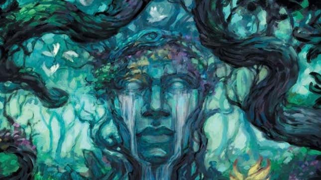 A blue-green goddess rises on the cover of Cassandra Rose Clarke's upcoming fantasy novel The Beholden.
