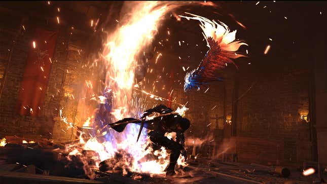 A fiery phoenix flies over the head of Final Fantasy XVI lead Clive Rosfield.