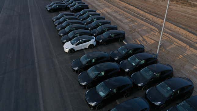 n this aerial view newly completed Tesla Model Y electric cars stand at the new Tesla Gigafactory electric car manufacturing plant on March 25, 2022 near Gruenheide, Germany. 