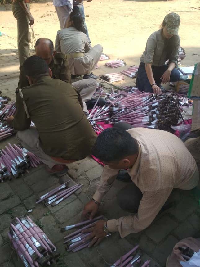 Officials tallying seized paintbrushes made out of mongoose hair.