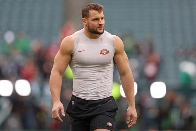 Jan 29, 2023; Philadelphia, Pennsylvania, USA; San Francisco 49ers defensive end Nick Bosa (97) during warmups against the Philadelphia Eagles in the NFC Championship game at Lincoln Financial Field.