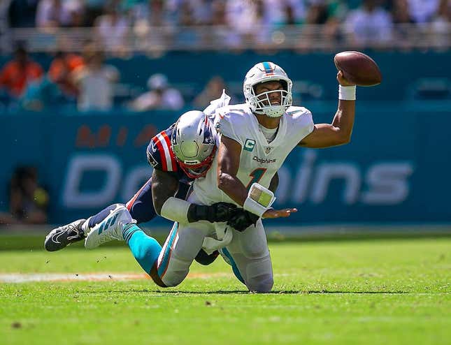 Miami Dolphins quarterback Tua Tagovailoa (1) put up video game numbers in Week 1 and heads to New England for a primetime division game Sunday night.