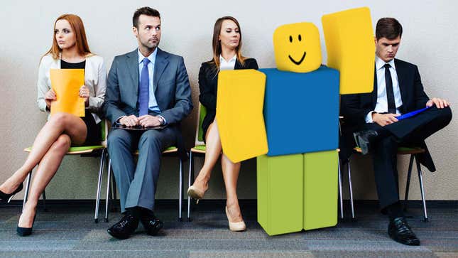 A photo shows a group of people waiting for an interview with one replaced by a Roblox avatar. 