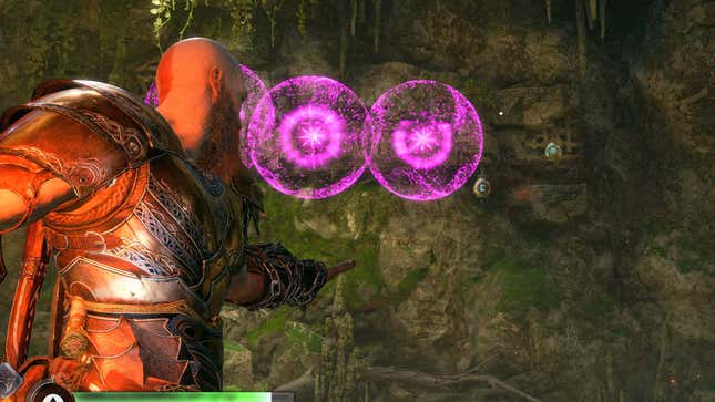 Kratos aims at a wall while someone shoots magic, purple arrows at it.