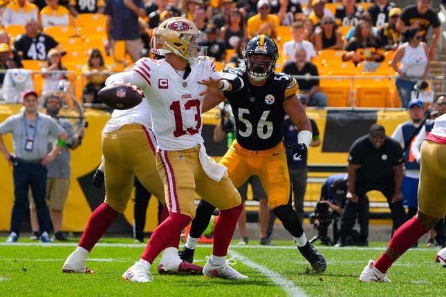 Sep 10, 2023; Pittsburgh, Pennsylvania, USA; San Francisco 49ers quarterback Brock Purdy (13) throws the ball against the Pittsburgh Steelers during the second half at Acrisure Stadium.