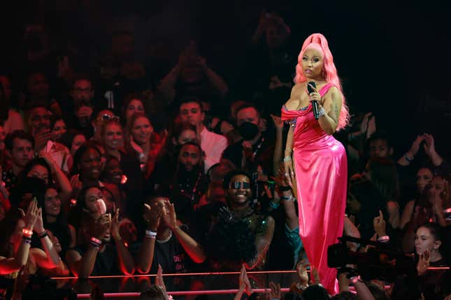 Nicki Minaj speaks onstage at the 2022 MTV VMAs at Prudential Center on August 28, 2022 in Newark, New Jersey.