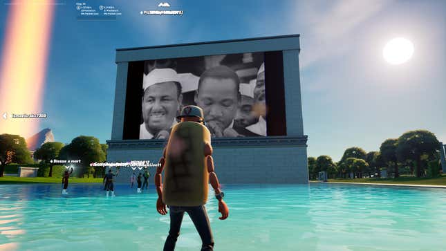 A hot dog watches Martin Luther King, Jr.'s I Have A Dream speech in Washington D.C. inside Fortnite. 