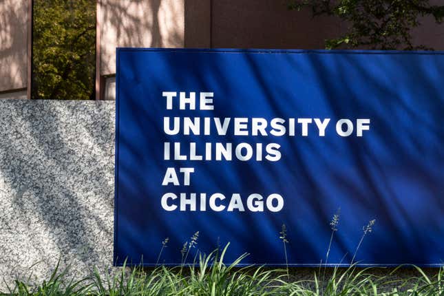 Chicago - Circa May 2021: the University of Illinois at Chicago entrance. UIC is adjacent to downtown and is the largest university in the Chicago area.