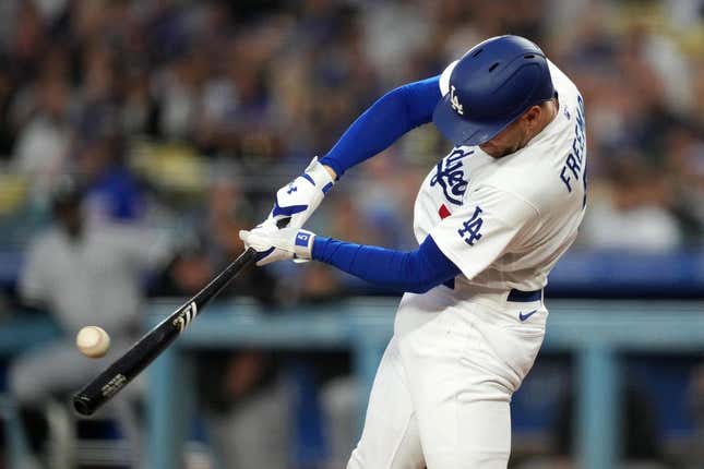 Jun 15, 2023; Los Angeles, California, USA; Los Angeles Dodgers first baseman Freddie Freeman (5) bats in the third inning against the Chicago White Sox  at Dodger Stadium.