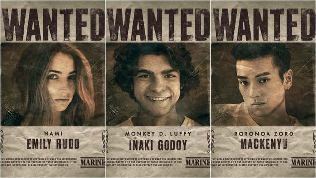 Photos of Emily Rudd, Inaki Godoy, and Mackenyu have been placed on Wanted posters with their character names. 