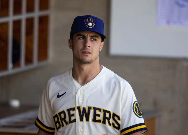 Feb 25, 2023; Phoenix, Arizona, USA; Milwaukee Brewers outfielder Sal Frelick against the Los Angeles Dodgers during a spring training game at American Family Fields of Phoenix.