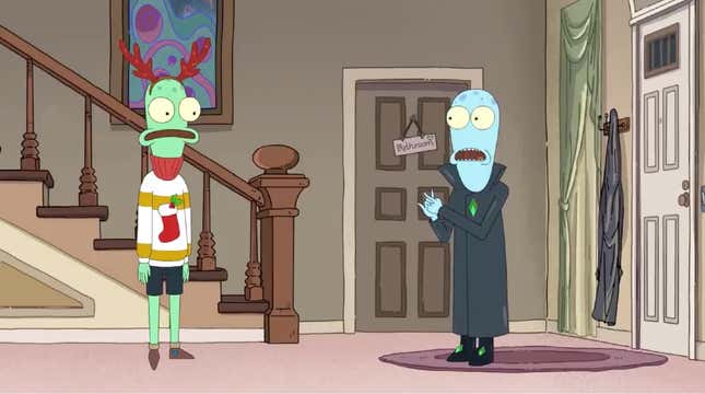 Two of Solar Opposites' animated aliens, Terry (in a Christmas sweater) and Korvo, discuss the upcoming holiday in the foyer of their house.