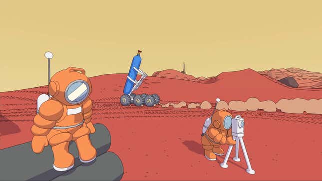 Astronauts prepare Mars for a colony with the help of a rover. 