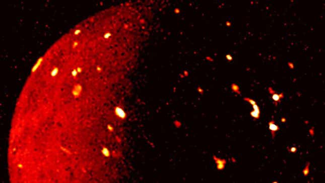 The volcano-laced surface of Jupiter’s moon Io was captured in infrared by the Juno spacecraft’s Jovian Infrared Auroral Mapper (JIRAM) imager as it flew by at a distance of was about 50,000 miles (80,000 kilometers) on July 5, 2022.Image: NASA/JPL-Caltech/SwRI/ASI/INAF/JIRAM