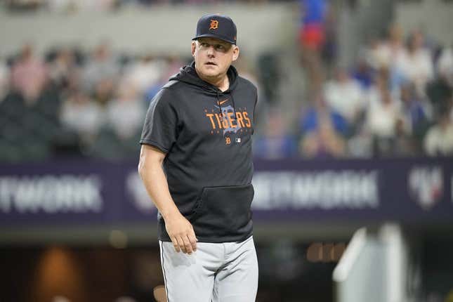 Jun 27, 2023; Arlington, Texas, USA; Detroit Tigers manager A.J. Hinch walks to the dugout after a pitching change against the Texas Rangers during the sixth inning at Globe Life Field.