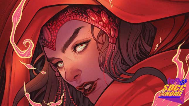 The Scarlet Witch, who is quite dead, looking over her shoulder at you on The Trial of Magneto #1 variant cover by Elizabeth Torque.