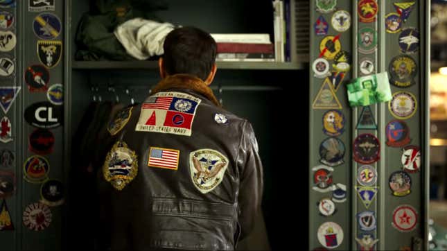 Tom Cruise wearing a modified flight jacket in "Top Gun: Maverick"