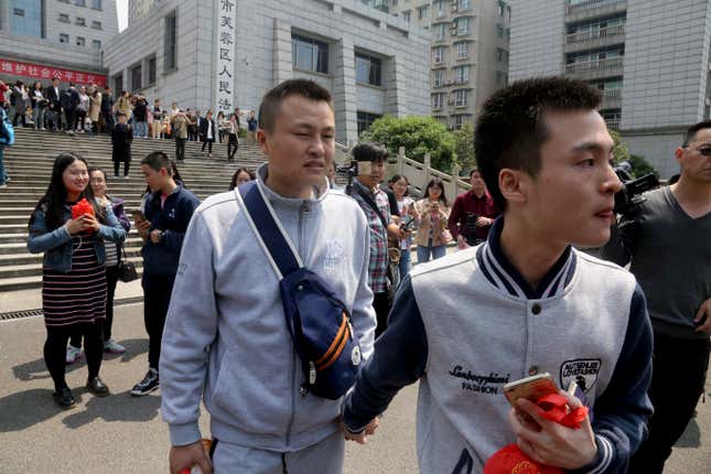 A Chinese court rejected a gay couple’s attempt to secure the right to marry in China’s first same-sex marriage case in April.