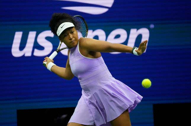 Aug 30, 2022; Flushing, NY, USA;    NaomiOsaka of Japan hits to Danielle Collins of the USA on day two of the 2022 U.S. Open tennis tournament at USTA Billie Jean King National Tennis Center.