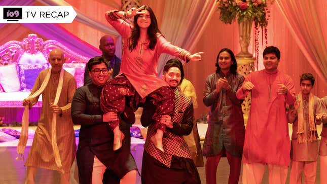 Iman Vellani's Kamala Khan dances atop the shoulders of two men at a Muslim wedding ceremony.