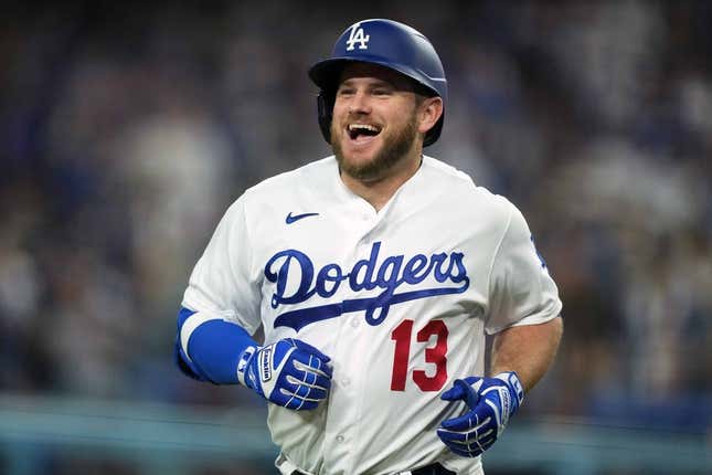 May 15, 2023; Los Angeles, California, USA; Los Angeles Dodgers third baseman Max Muncy (13) celebrates after hitting a home run in the fourth inning against the Minnesota Twins at Dodger Stadium.