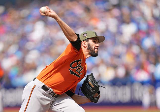 May 20, 2023; Toronto, Ontario, CAN; Baltimore Orioles starting pitcher Grayson Rodriguez (30) throws a pitch against the Toronto Blue Jays during the first inning at Rogers Centre.