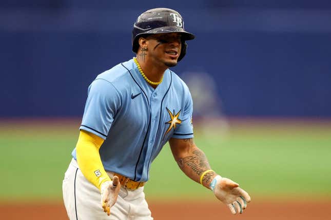 Jun 11, 2023; St. Petersburg, Florida, USA;  Tampa Bay Rays shortstop Wander Franco (5) celebrates after hitting a three run home run against the Texas Rangers in the fourth inning at Tropicana Field.