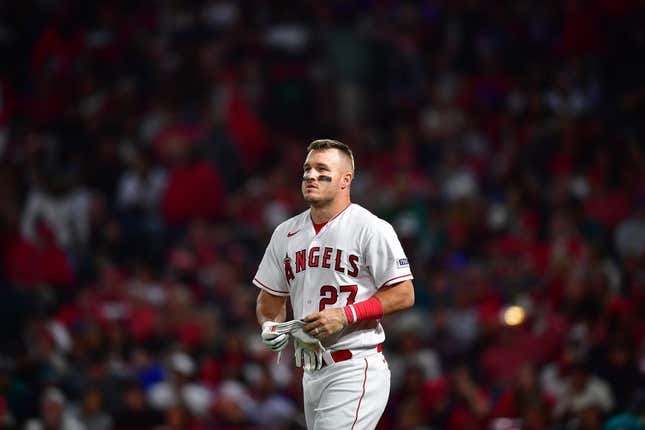 Jun 9, 2023; Anaheim, California, USA; Los Angeles Angels center fielder Mike Trout (27) reacts after striking out to end the seventh inning agianst the Seattle Mariners at Angel Stadium.