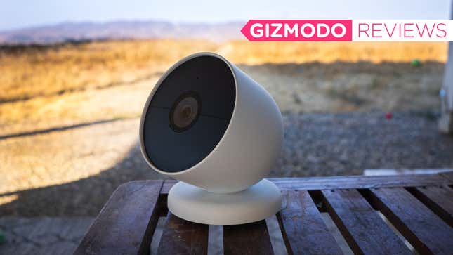A photo of the Nest security camera against a landscape backdrop