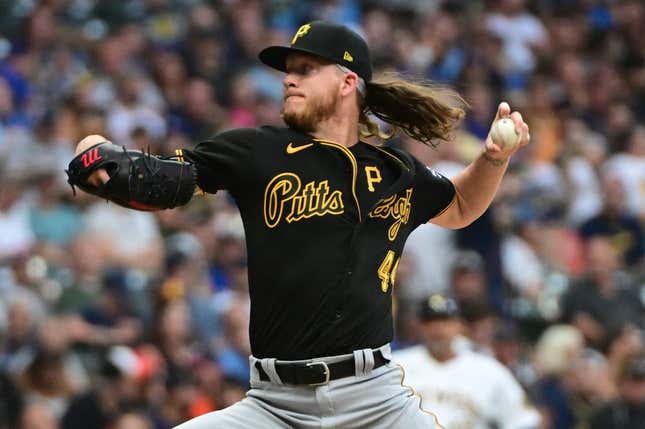 Aug 5, 2023; Milwaukee, Wisconsin, USA; Pittsburgh Pirates pitcher Bailey Falter (44) pitches against the Milwaukee Brewers in the fifth inning at American Family Field.