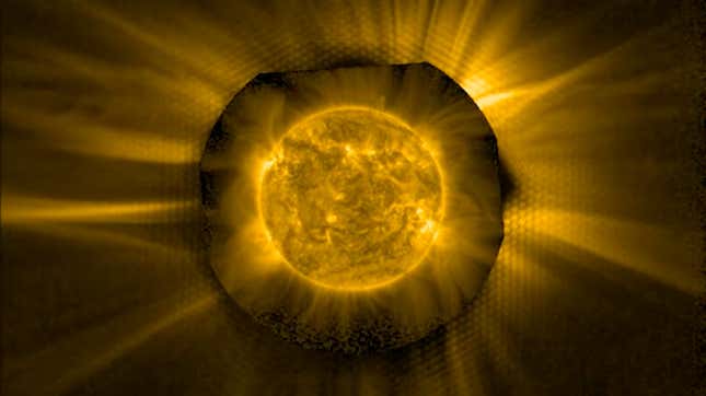 An ultraviolet image of the Sun’s corona as captured by the Solar Orbiter’s Extreme Ultraviolet Imager occulter.