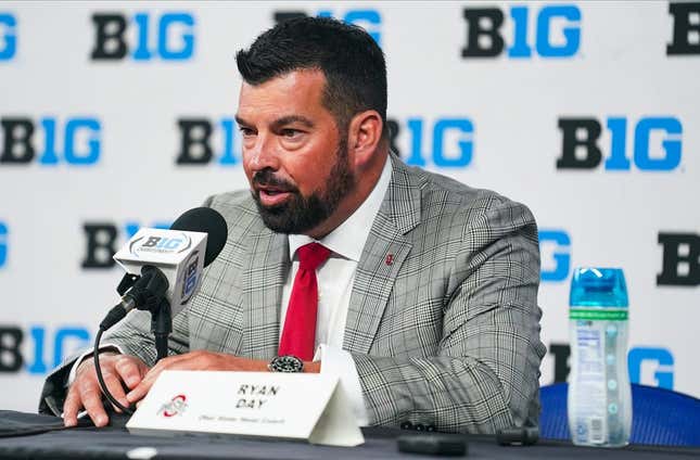Jul 26, 2023; Indianapolis, IN, USA; Ohio State Buckeyes head coach Ryan Day speaks to the media during the Big 10 football media day at Lucas Oil Stadium.